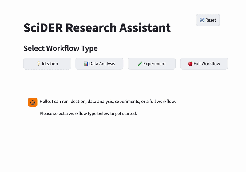 SciDER workflow selection panel
